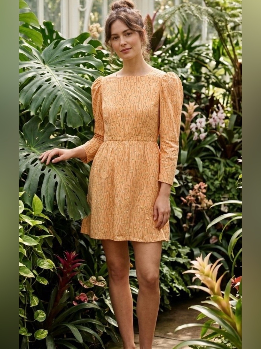 NWT Batsheva Mini Prairie Dress Size 0 Orange Ditsy Floral Cotton Puff Sleeve